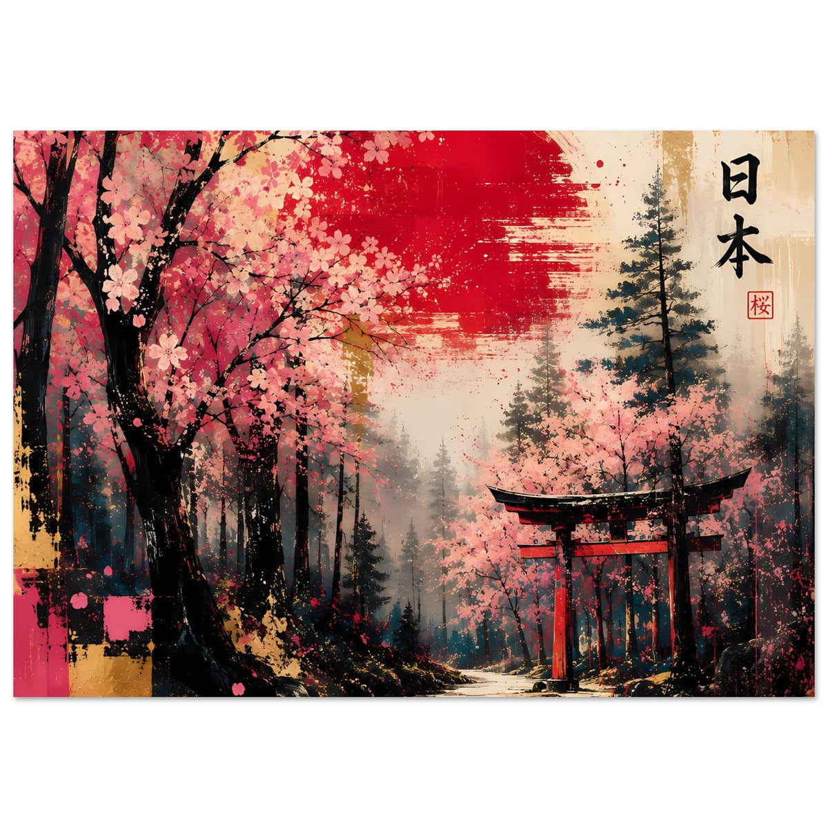 Poster mit Kirschblütenbaum, rotem Farbverlauf und japanischem Torii am Weg