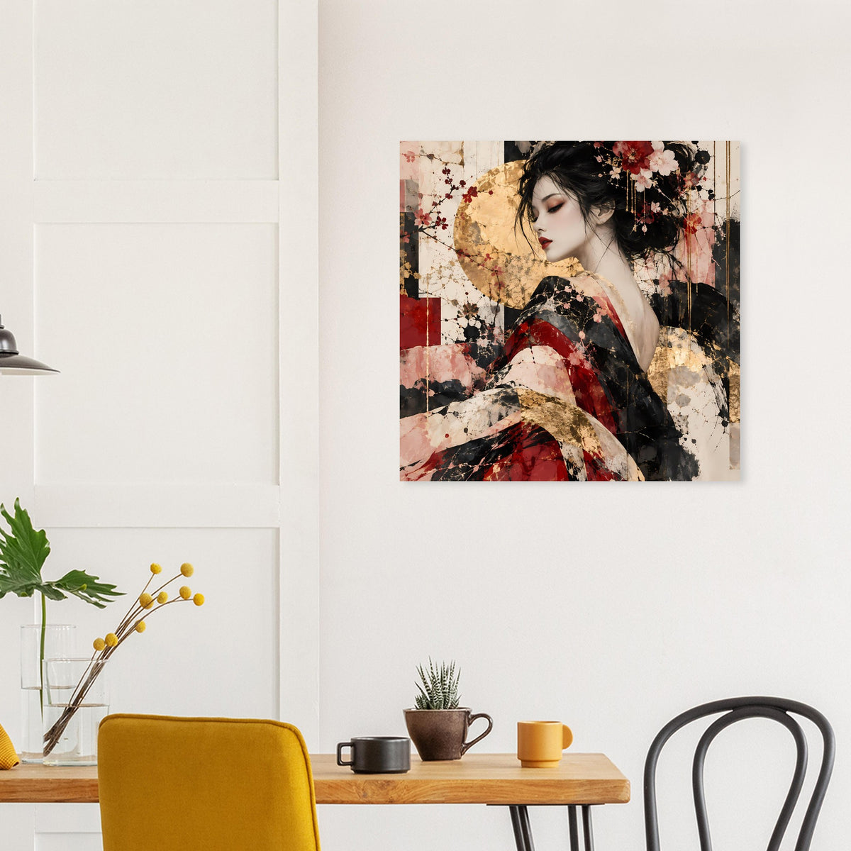 Kunstposter im Querformat mit stilisiertem Frauenporträt, Rot und Gold