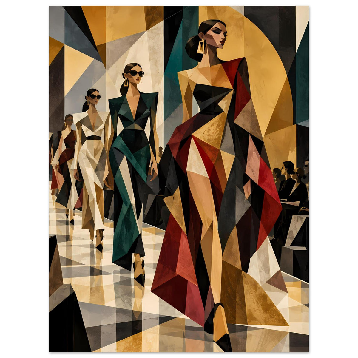 Fashion-Poster: Mittelfigur auf dem Laufsteg, umgeben von geometrischen Modeformen