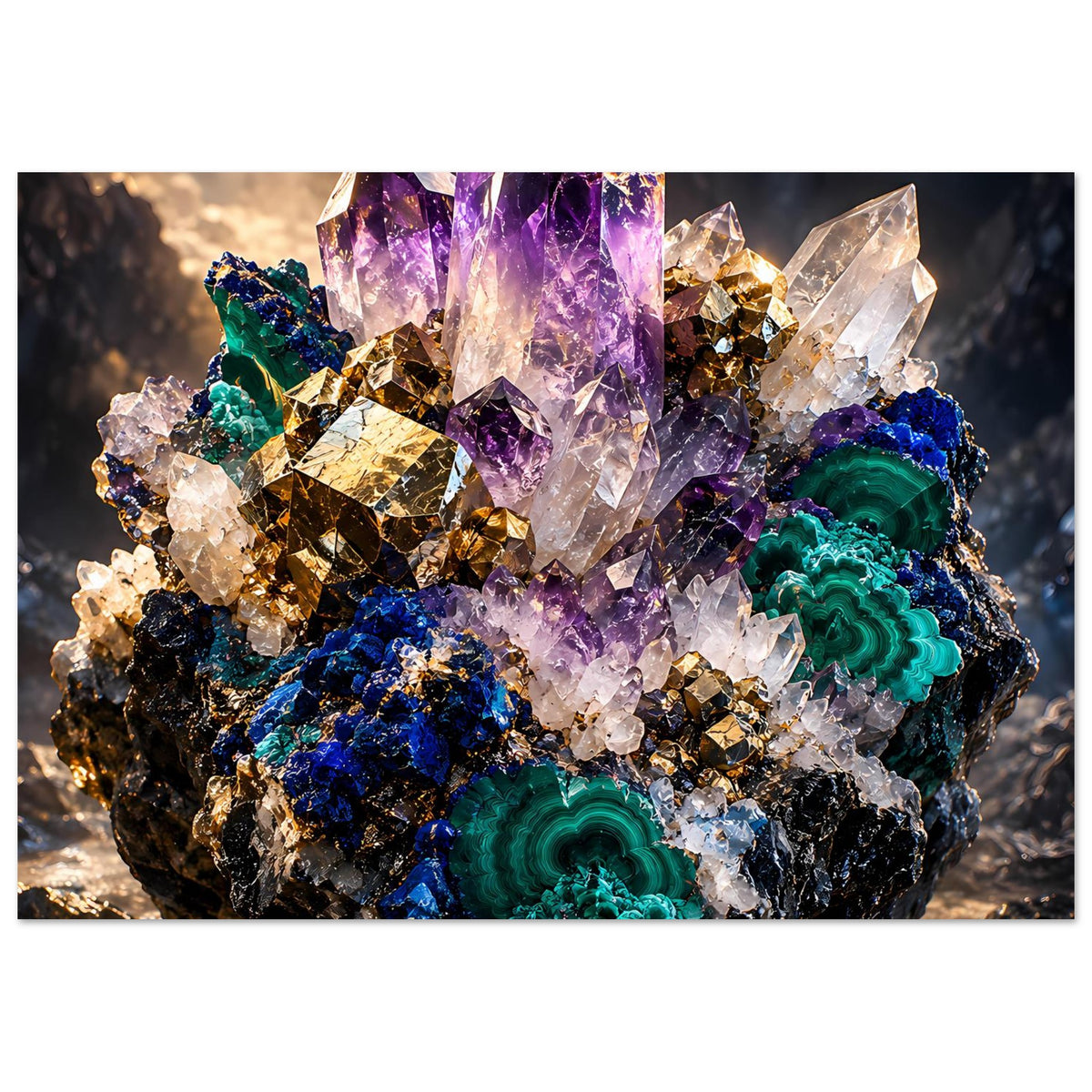 Kristallposter mit fokussiertem Kristallhaufen: lila Amethyst, goldene Akzente und türkisgrüne Kreise