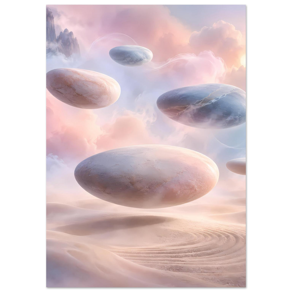 Surreales Pastellposter: schwebende Steine über rosa Wüstendünen, Wolkenhimmel mit Sonnenlicht oben