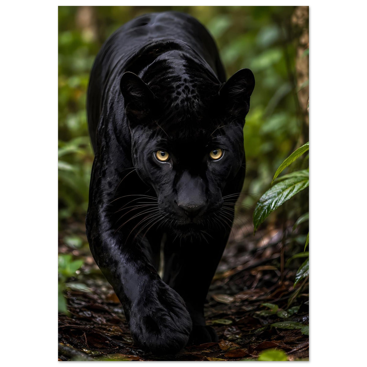 Poster mit schwarzem Panther, gelbe Augen, Blick nach vorn, Vorderkörper nah
