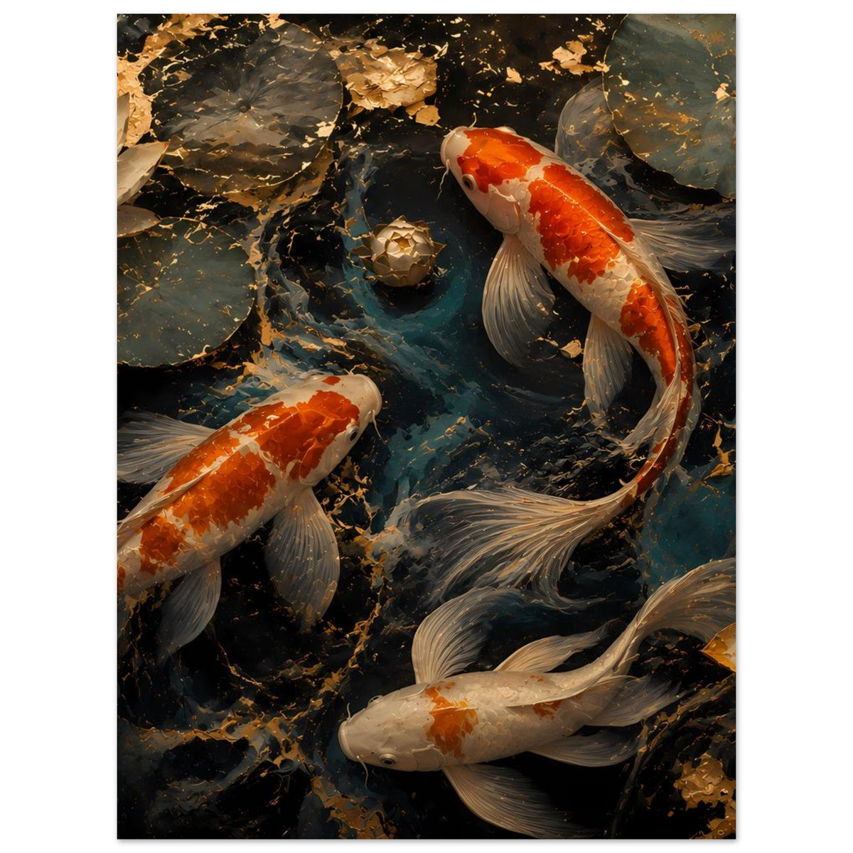 Poster mit Koi-Fischmotiv, orangefarbene Karpfen und graue Fische im Teichbecken