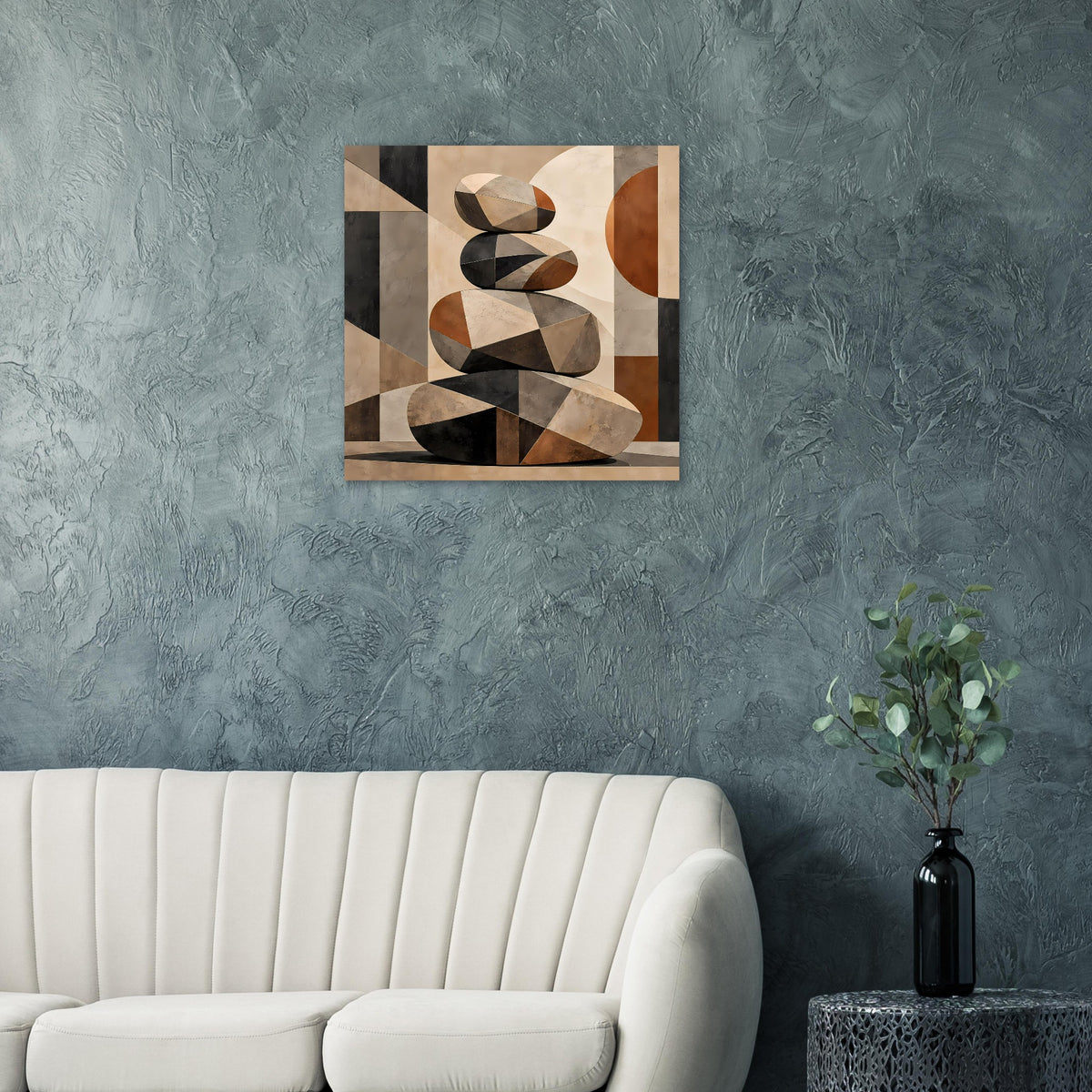 Quadratisches Zen-Poster mit abstraktem Steinstapel in warmen Erdtönen