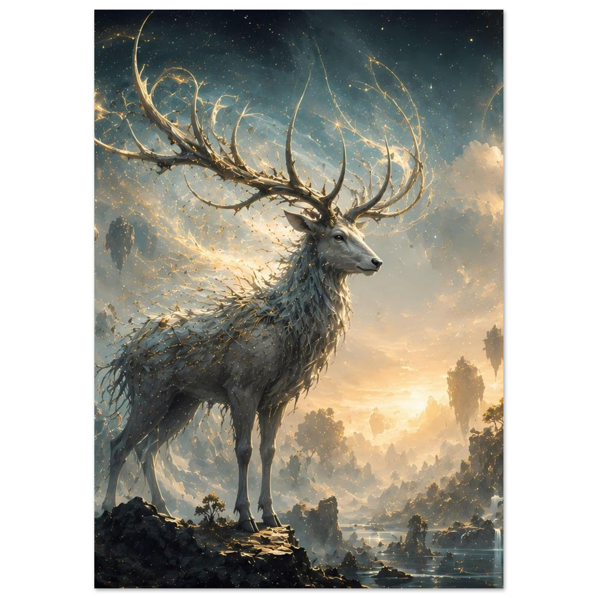Fantasy-Hirsch Poster im Hochformat, Hirsch auf Felsen mit Geweih im Lichtbogen