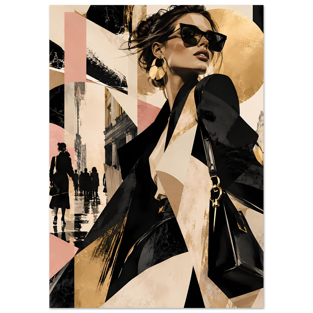 Mode-Poster mit Frau im Profil, schwarze Sonnenbrille, goldene Kreisbogen- und Zickzackmuster
