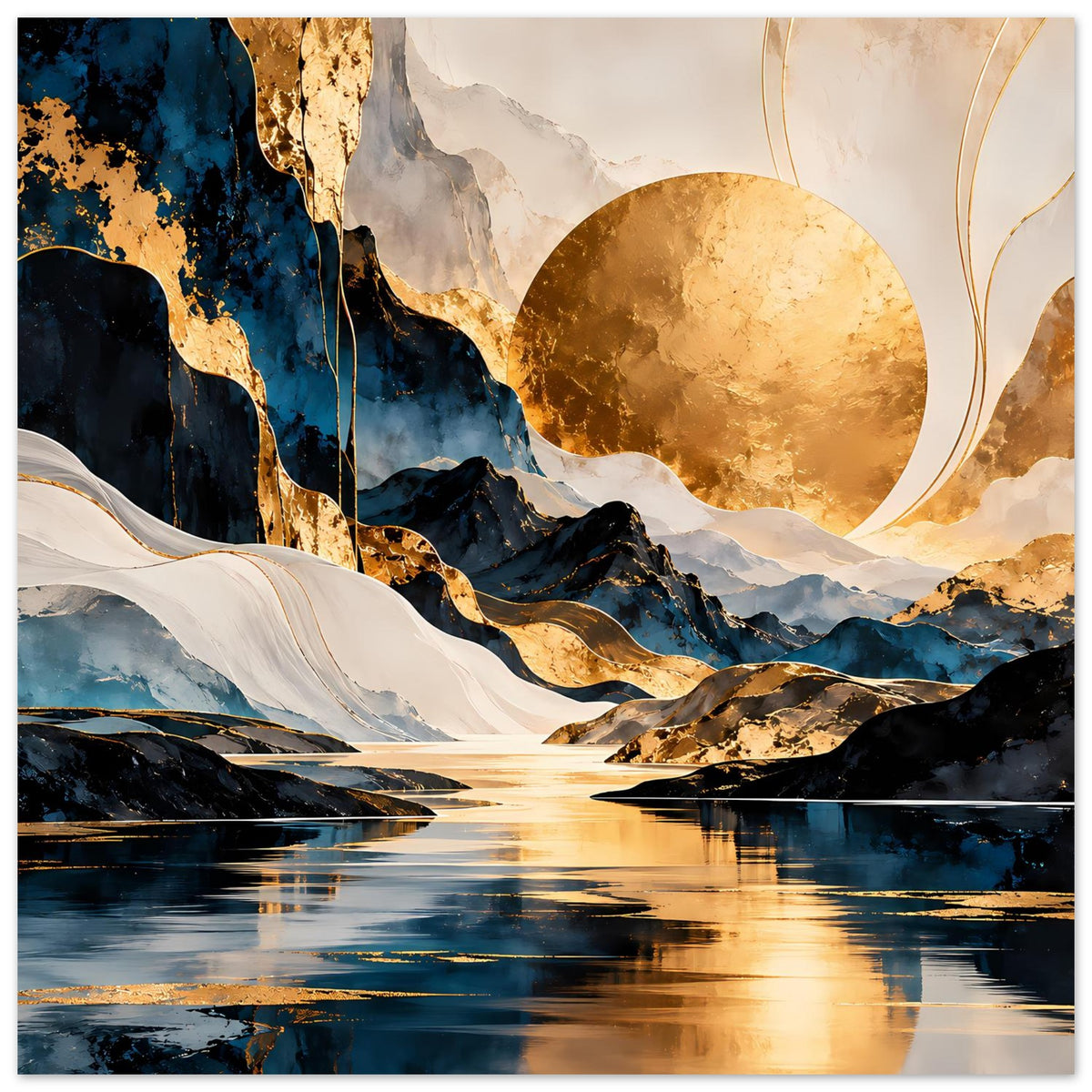 Abstraktes Kunstposter: goldener Mondkreis, blaugraue Berge, weiße Formen und Spiegelung im Fluss