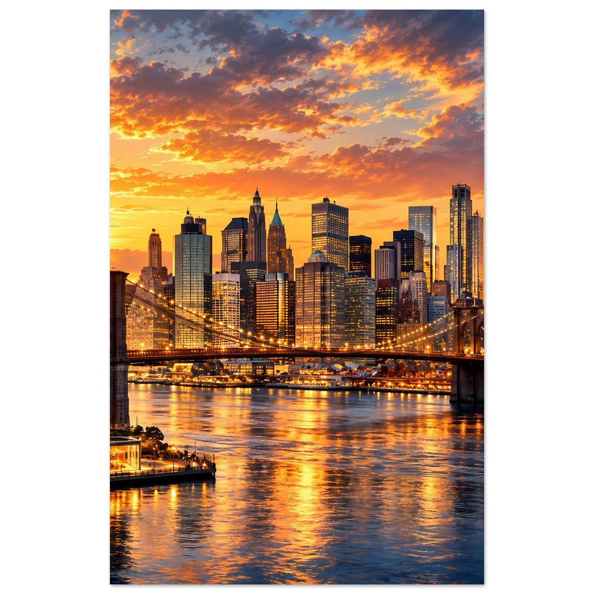 Poster im Hochformat: New-York-Skyline, Hängebrücke und goldenes Abendlicht