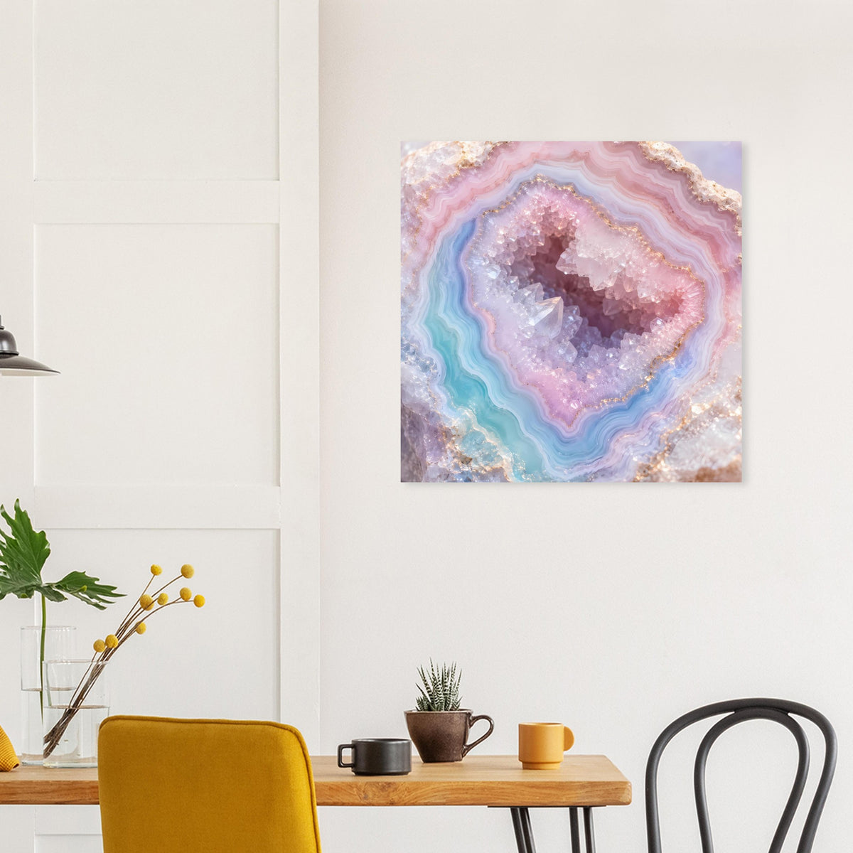 Wandposter mit violett-blauem Achat-Querschnitt und rosafarbenen Gesteinsbändern