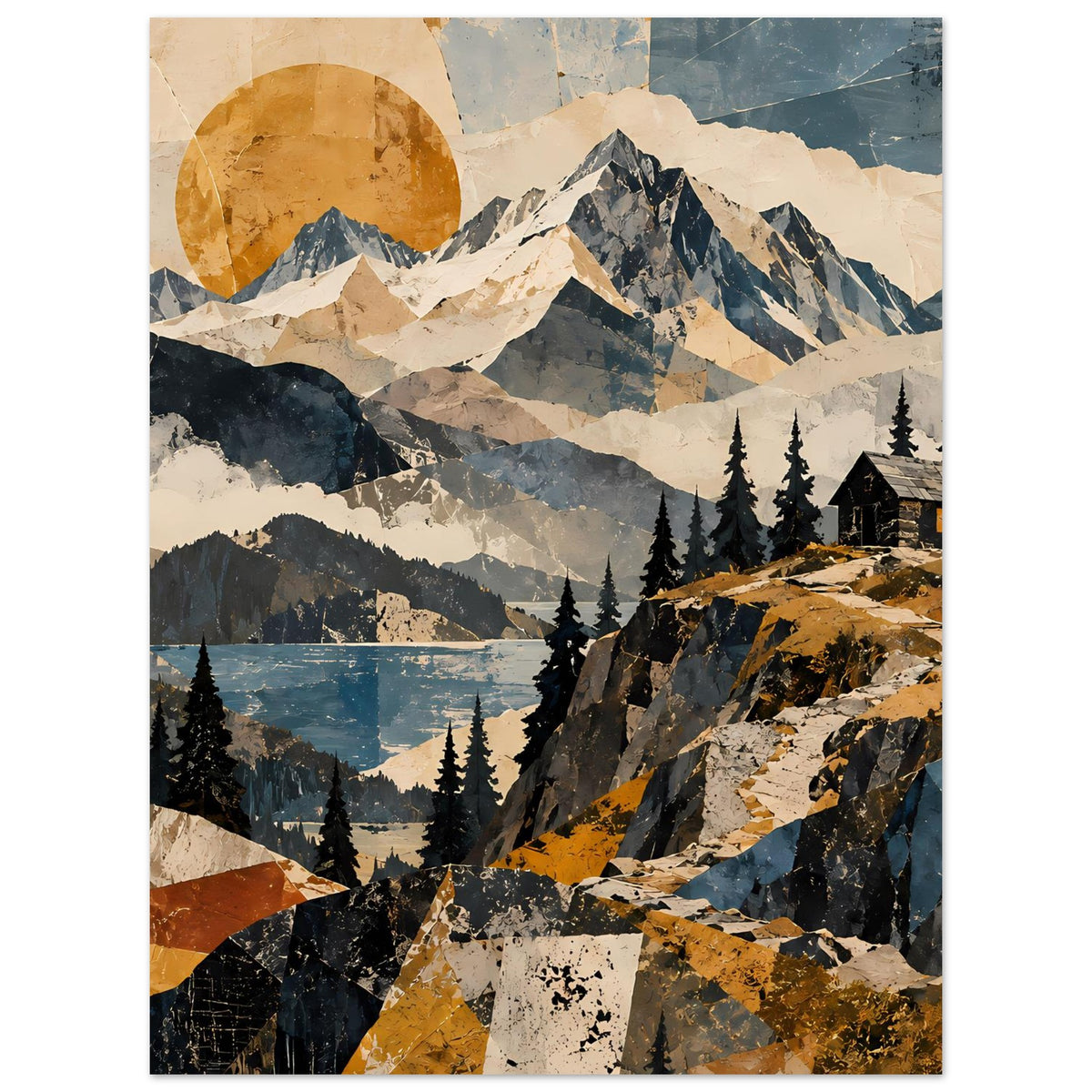 Naturposter mit Alpenlandschaft, Sonnenkreis über Gipfeln, Tannen und türkisblauem See