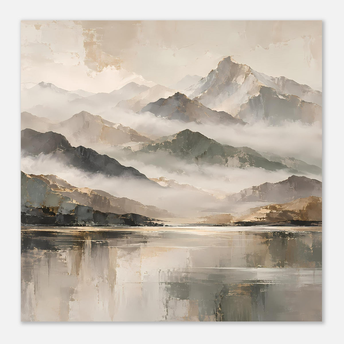 Naturposter im Querformat: neblige Bergkulisse über Wasser, beige und goldene Farbflächen