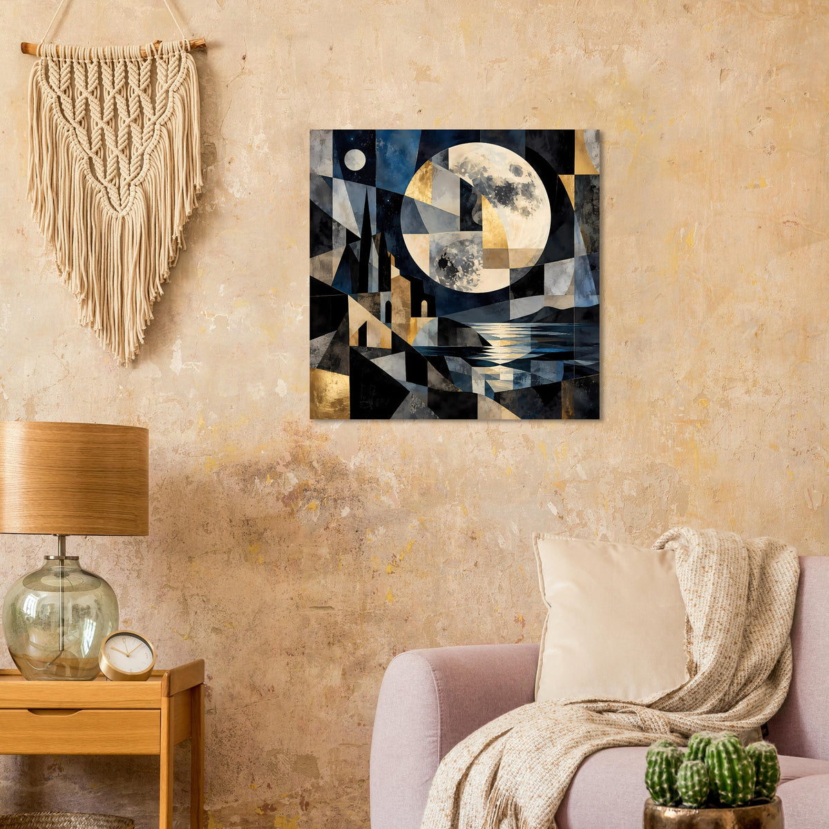 Geometrisches Wandposter mit großem Mond und abstrakten Flächen in Blau, Gold und Dunkelblau
