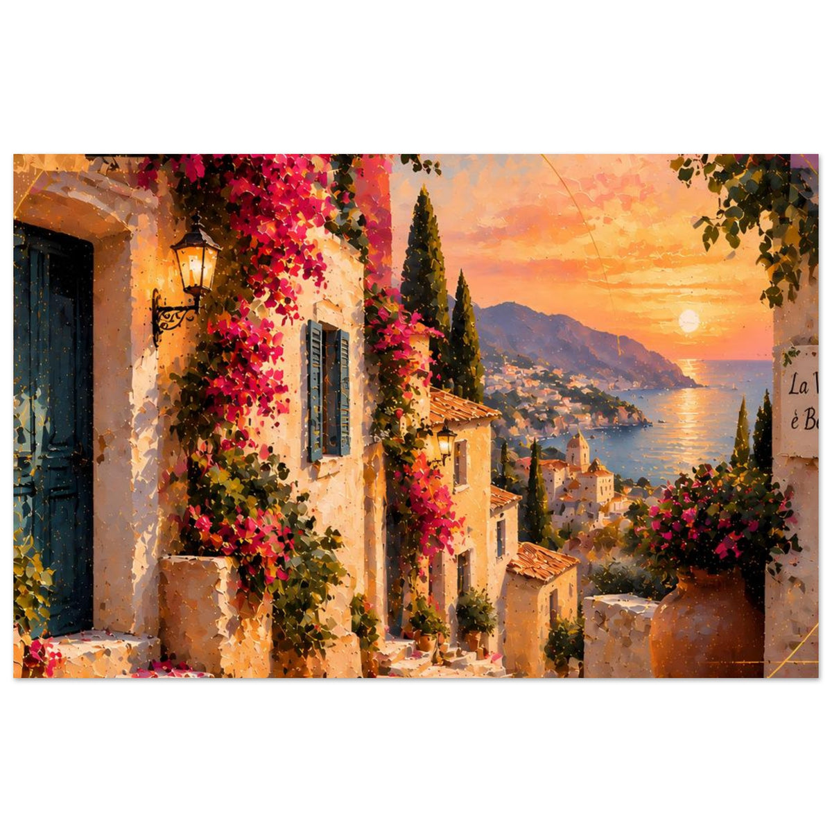Horizontales Poster mit Landschaftsmalerei: Meerblick, warme Abendfarben und blühende Sträucher