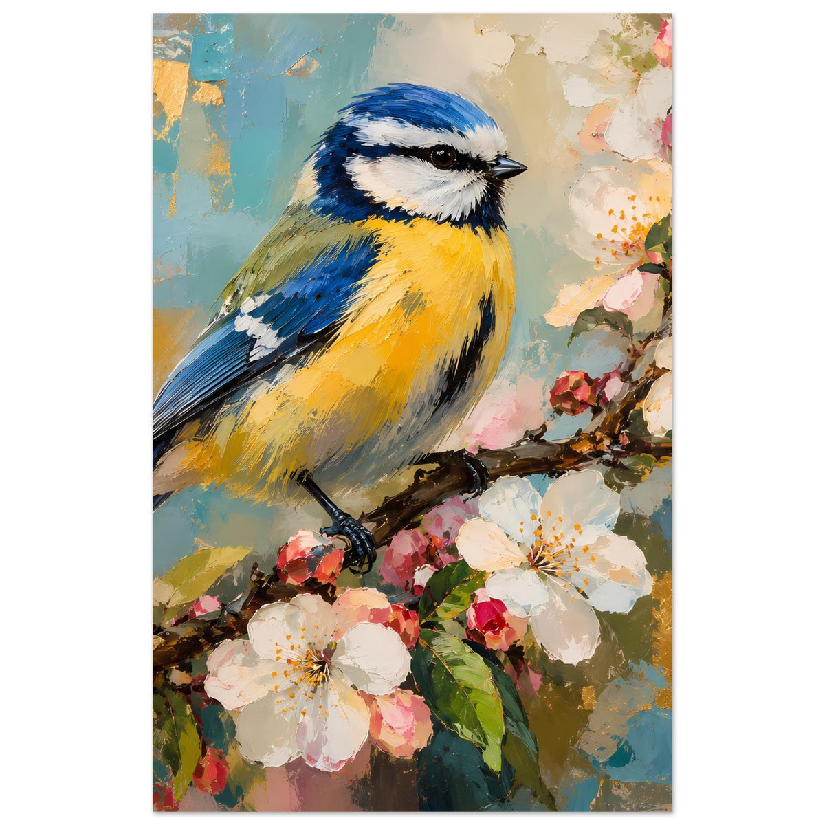 Vogel-Poster im Hochformat: Blau-Gelb-Vogel auf Ast mit weißen und rosafarbenen Blüten.