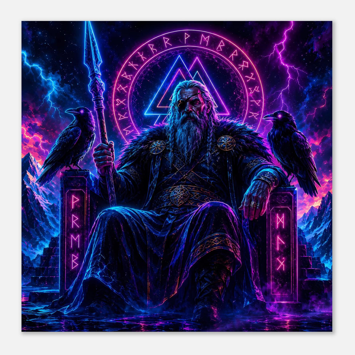 Fantasy-Poster: Wikingerkönig mit Schwert, leuchtendes Runen-Zeichen über dem Kopf, Neonblitze