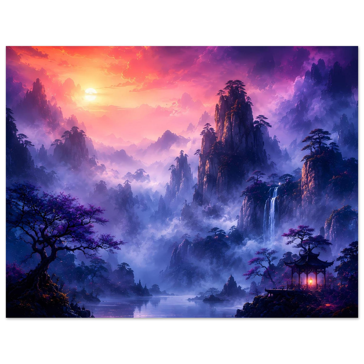 Fantasy-Poster im Querformat: Sonnenuntergang über Nebelbergen mit See, Wasserfall und Licht