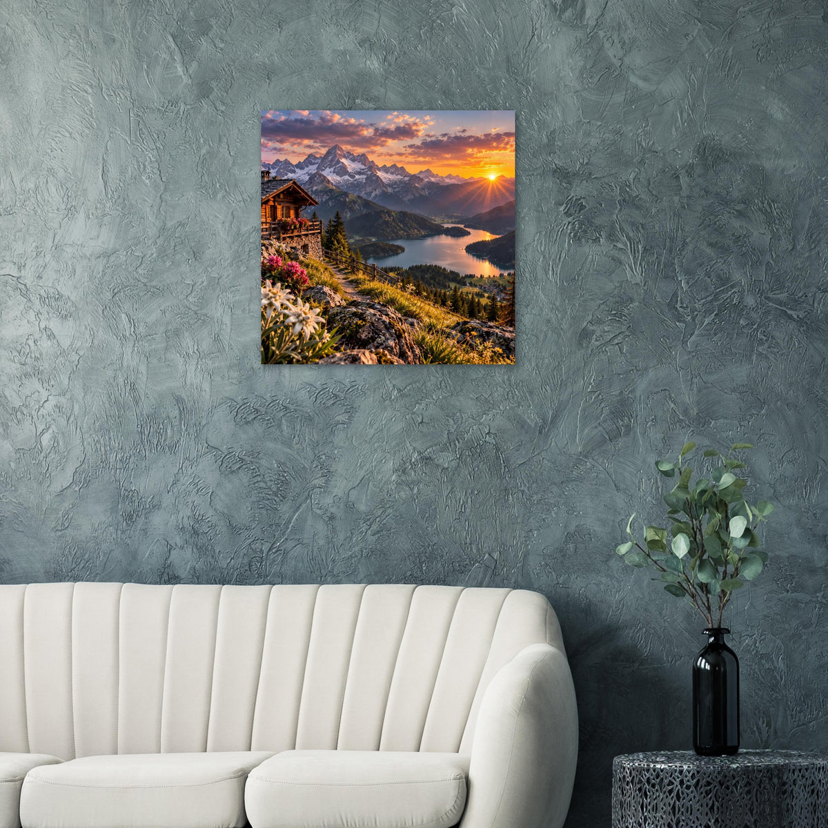 Landschaftsposter mit Alpenpanorama bei Sonnenuntergang, Berge, See und bewaldetes Tal.