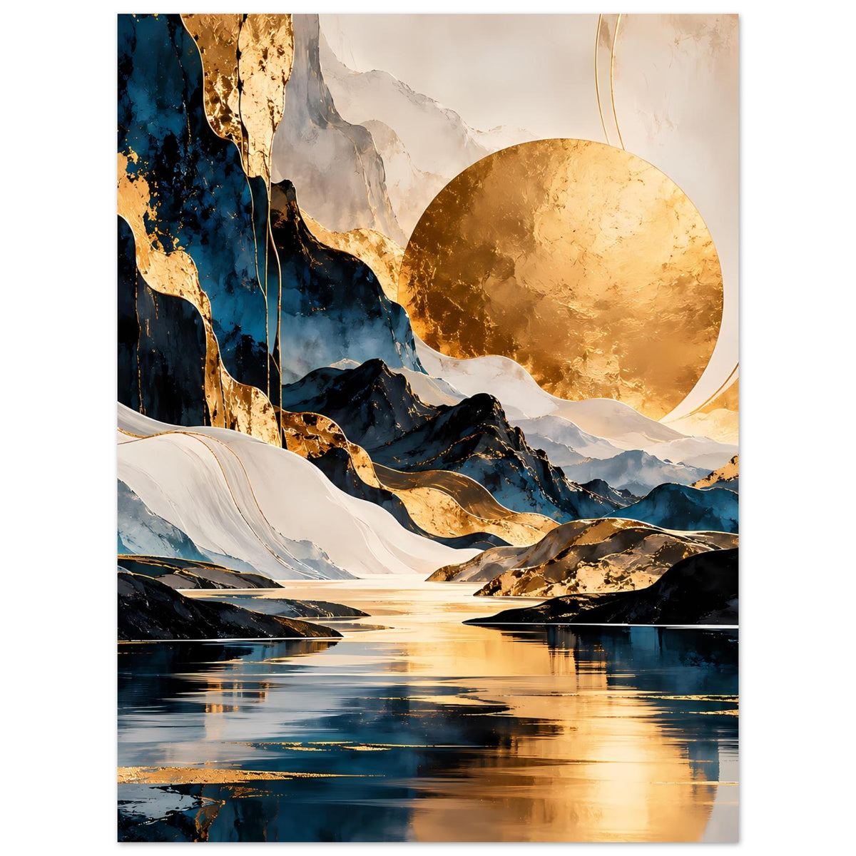 Kunstposter mit abstrakter Berg- und Flusslandschaft, goldenem Mond, blauem Wasser