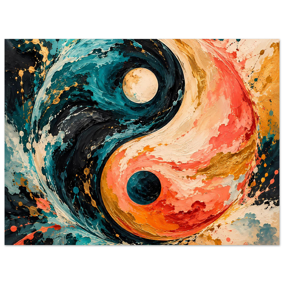 Abstraktes Yin-Yang-Poster, quer: blaue und orange Farbwellen mit Kreis-Motiven