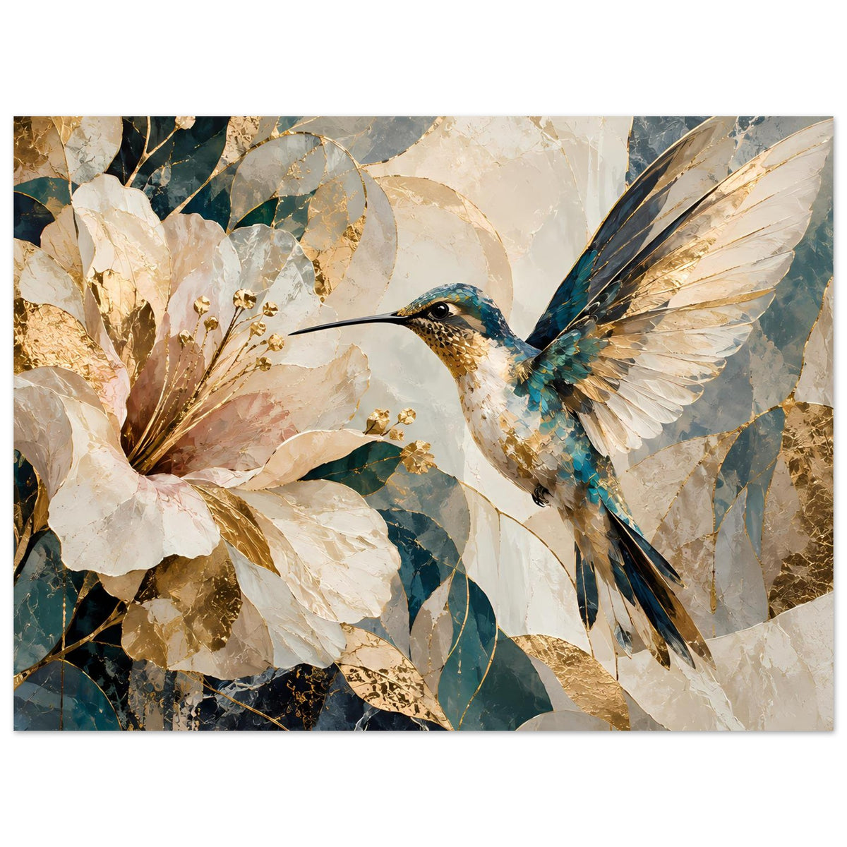 Wandposter mit Kolibri und weißen Blüten, goldene Punkte und blau-graue Marmoroptik, horizontal