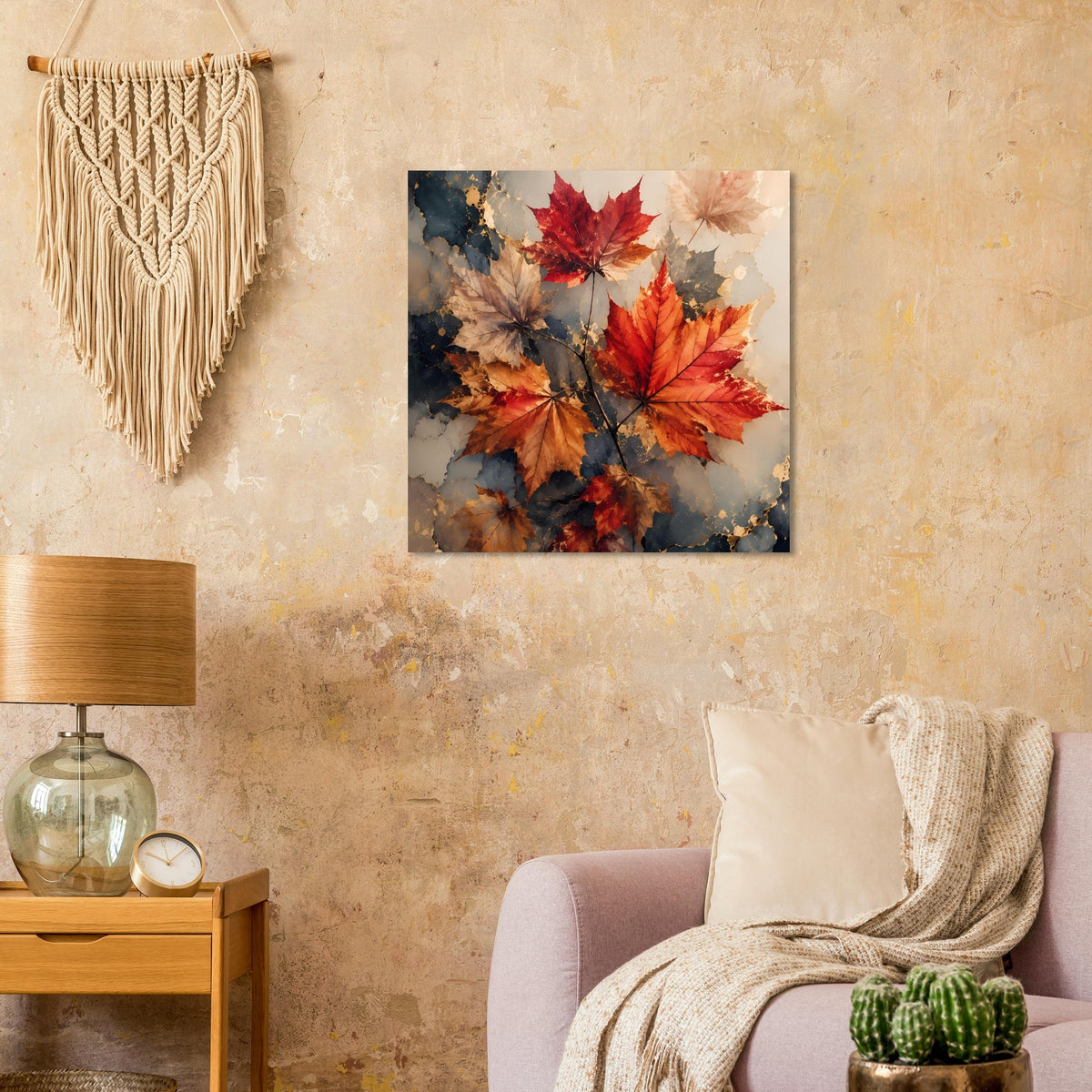 Poster mit Ahornblättern in warmen Herbstfarben, rotes Zentrum im abstrakten Stil.