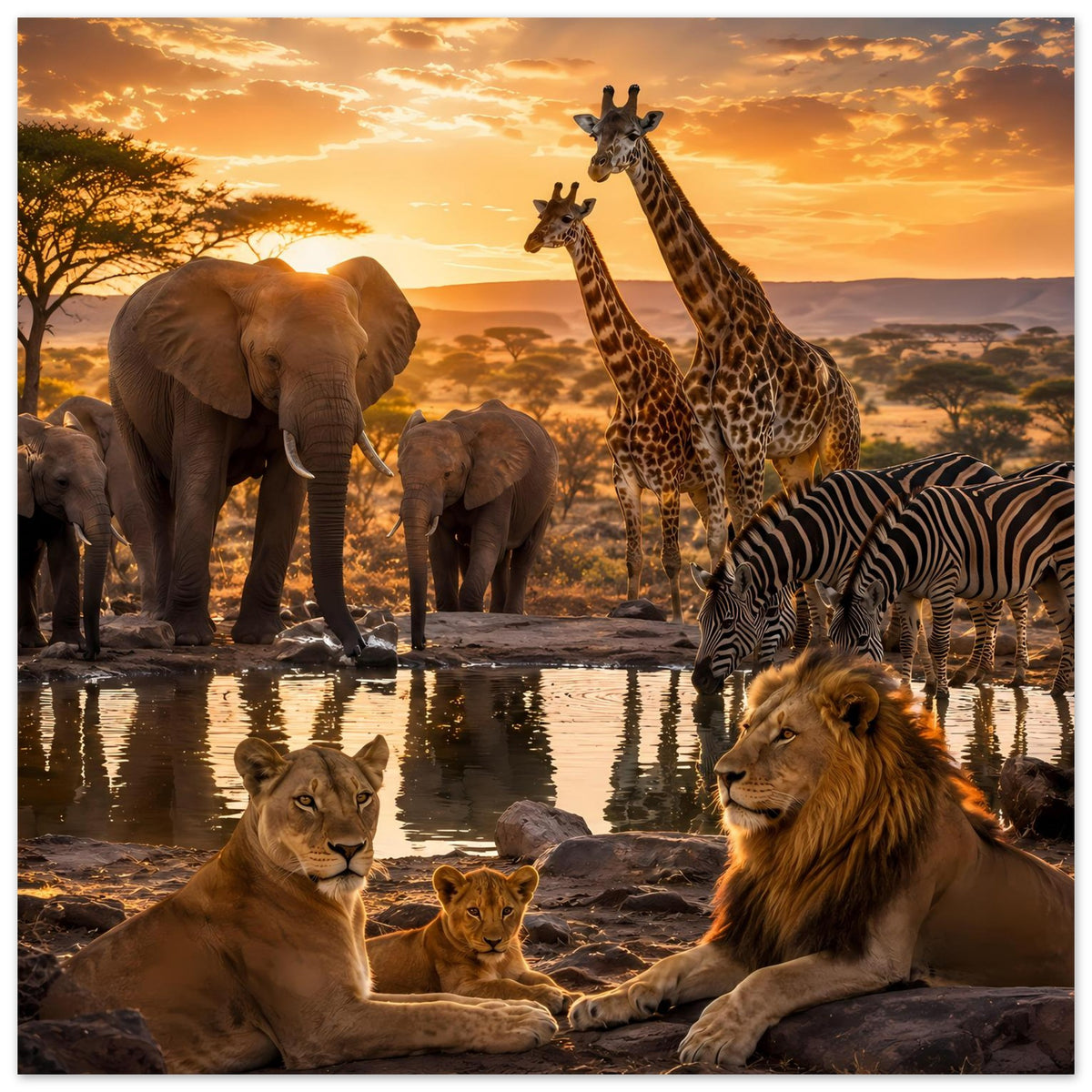 Poster mit afrikanischen Wildtieren: Löwen und Zebras im Vordergrund, Elefanten und Giraffen dahinter.