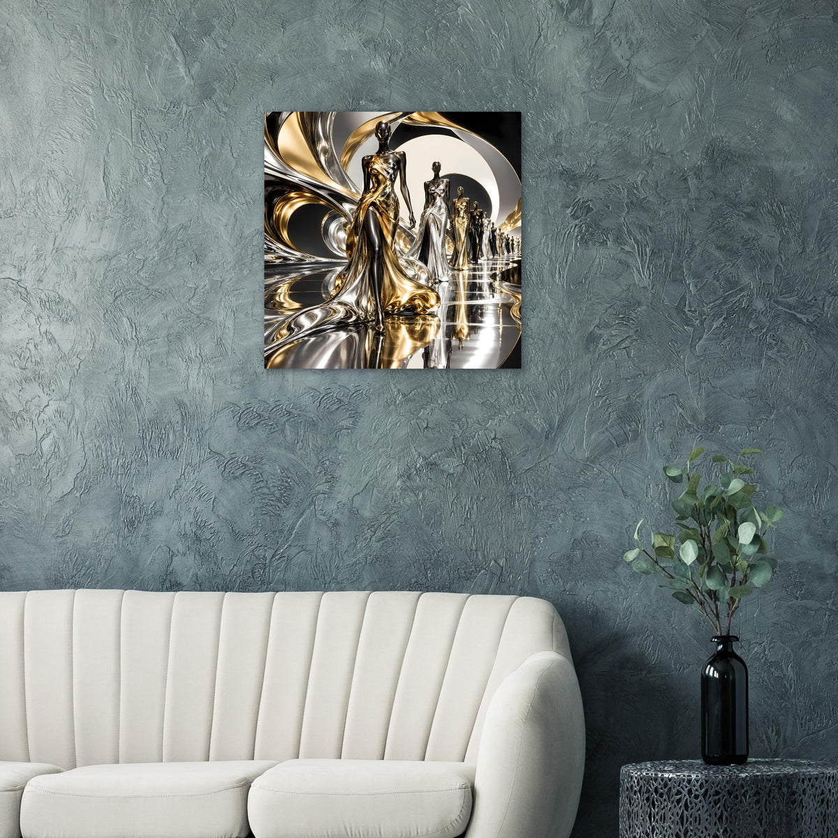 Poster mit gold-silberner abstrakter Metallfigur und kreisförmigem Muster, quadratisch