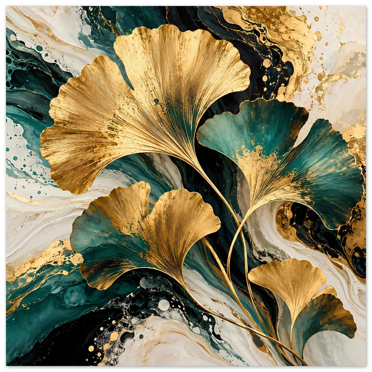 Naturposter mit goldenen Ginkgo-Blättern, türkis-grünem Marmor und goldenen Sprenkeln