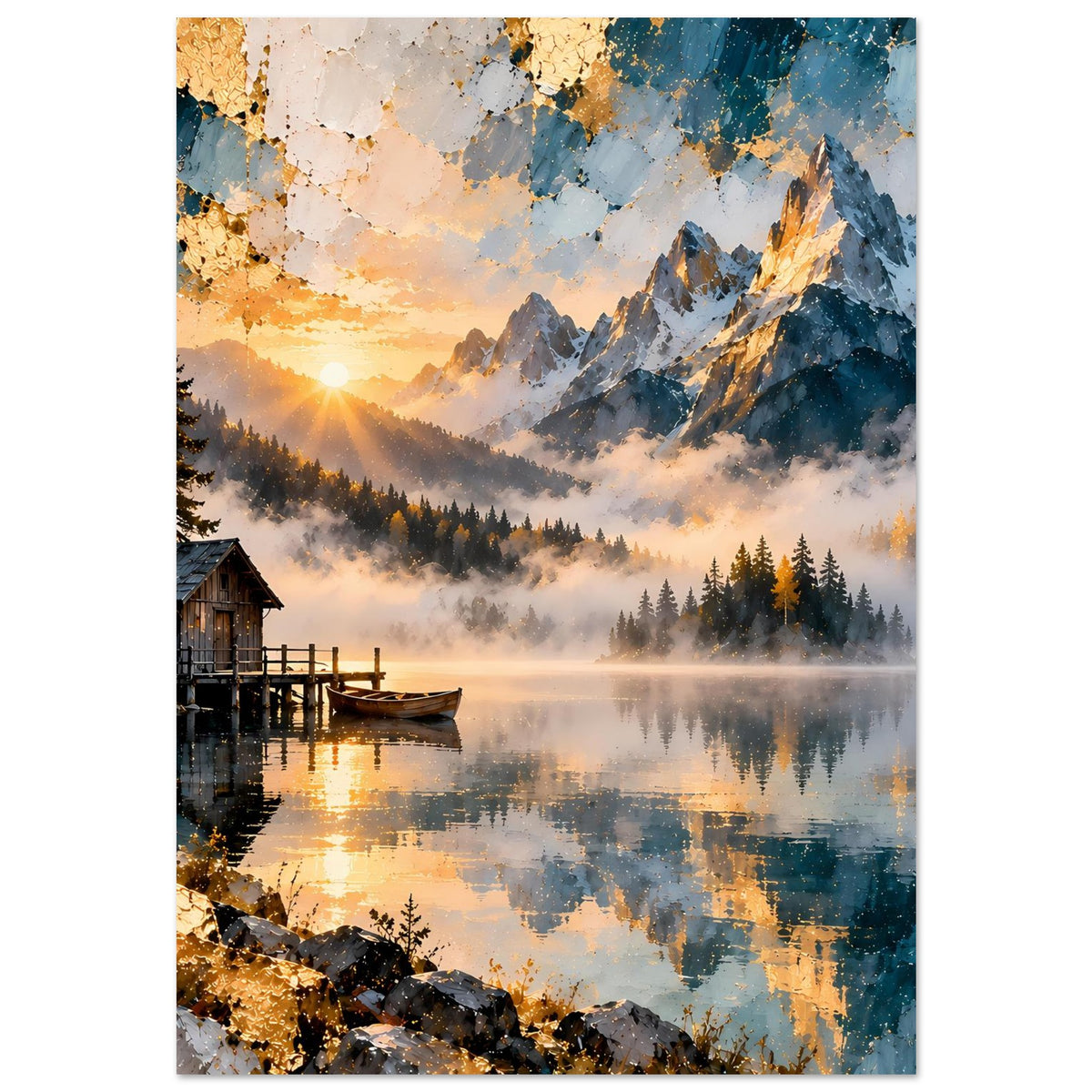 Vertikales Poster: Gebirge mit Sonnenstrahlen, Nebel über Bergsee und dunkle Fichten
