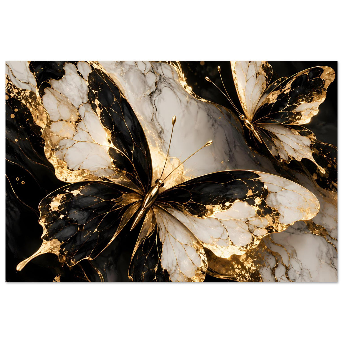 Naturposter mit Schmetterling aus Goldlinien und schwarz-weißen Marmarflecken