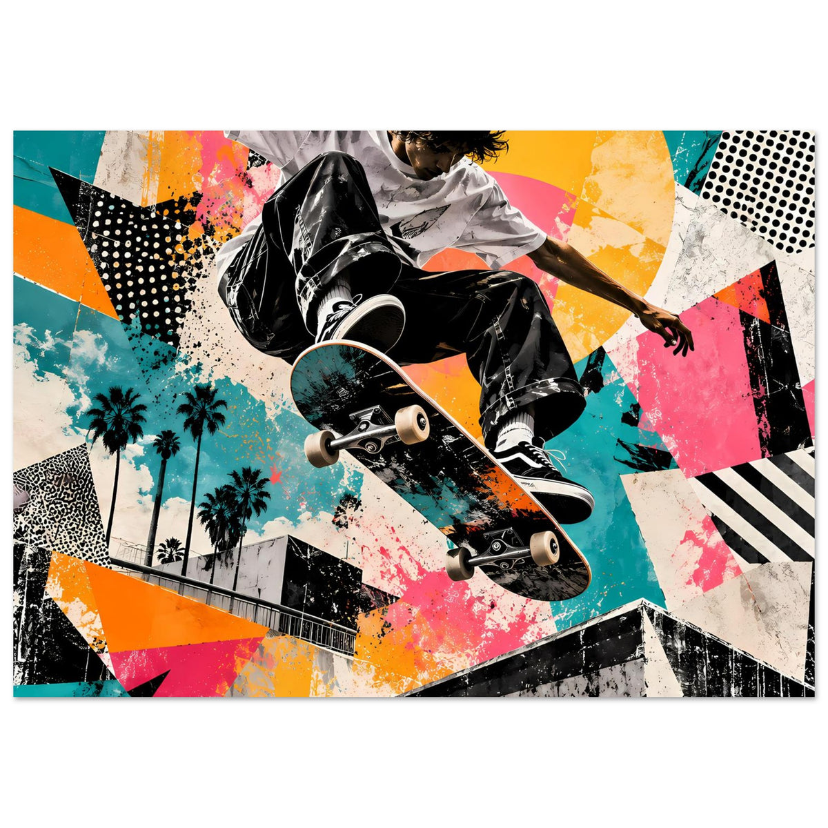 Street-Art-Poster mit Skateboarder im Sprung, schwarz-weiß, Neon-Abstract im bunten Stil.