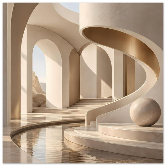 Poster mit architektonischem Marmor-Motiv: Rundbögen, Treppe und Wasserbecken mit Steinbank