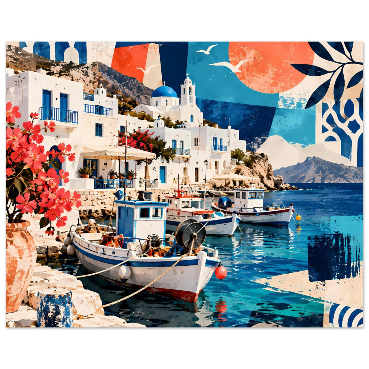 Kunstdruck Hafenansicht: Fischerboot vorn, blaues Wasser, weißer Kirchturm und rote Blumen links.