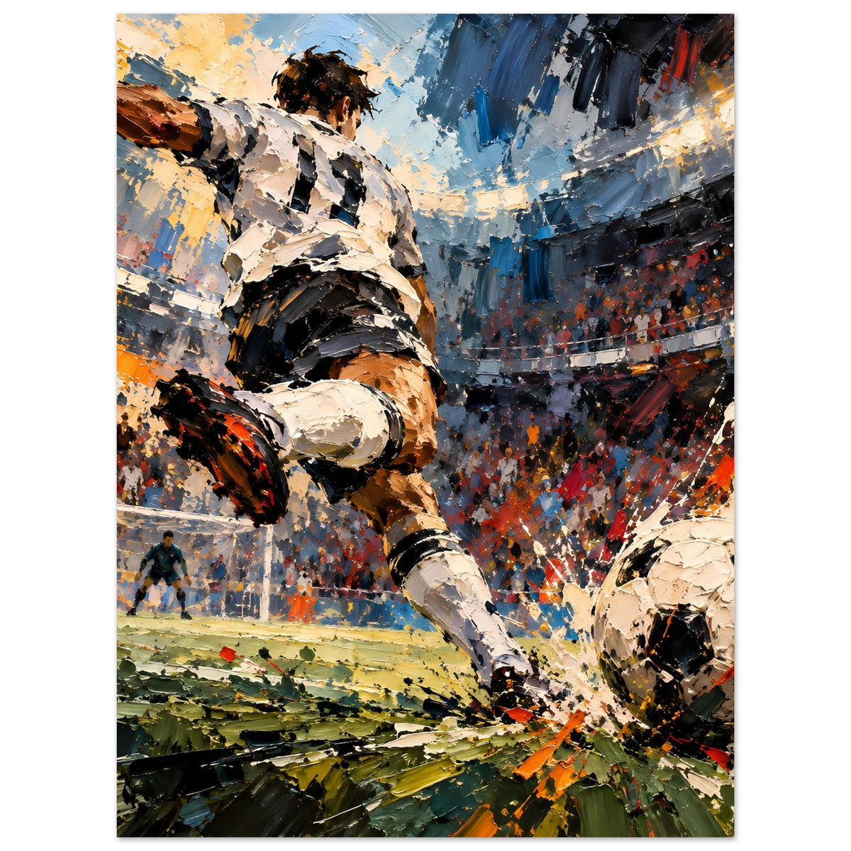 Fußball-Actionposter: Stürmer in Spritzfarben, Ball rechts unten, Blau und Orange