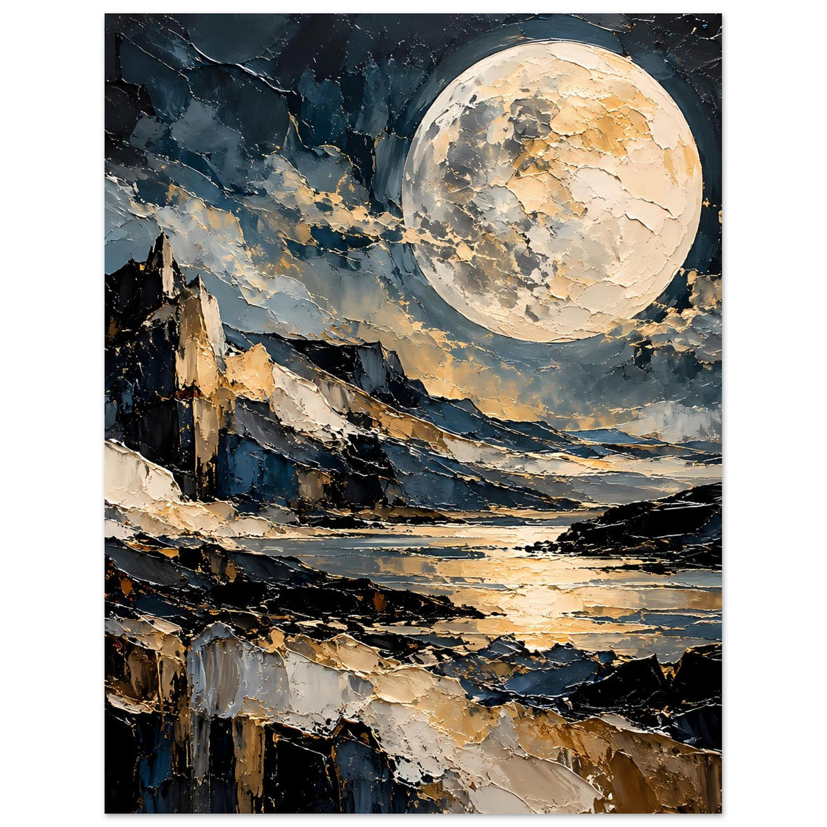Mondschein-Poster mit goldenem Vollmond, Bergmassiv und Gewässer im abstrakten Stil