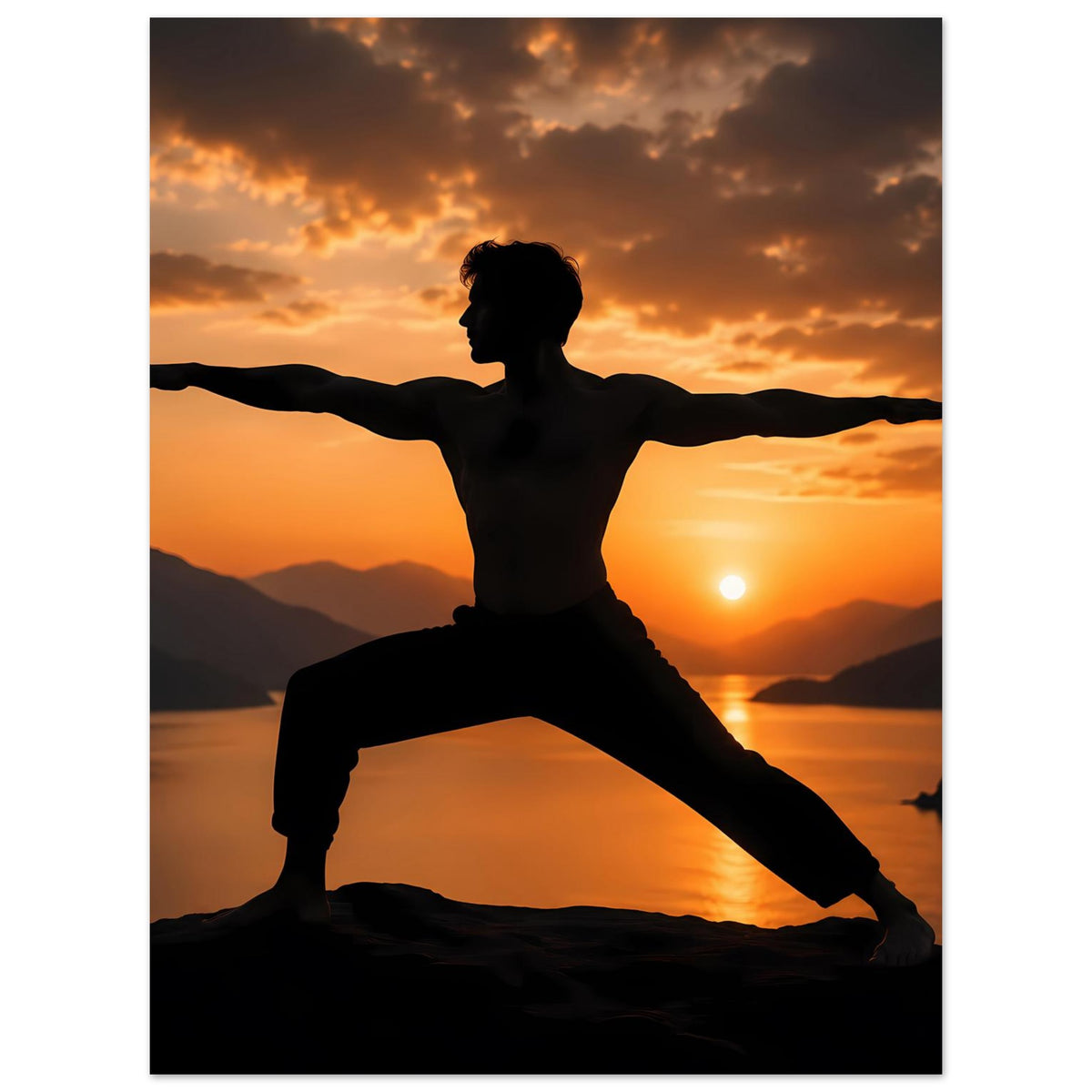 Yoga-Kriegerpose-Poster mit ausgebreiteten Armen, schwarze Silhouette bei Sonnenuntergang