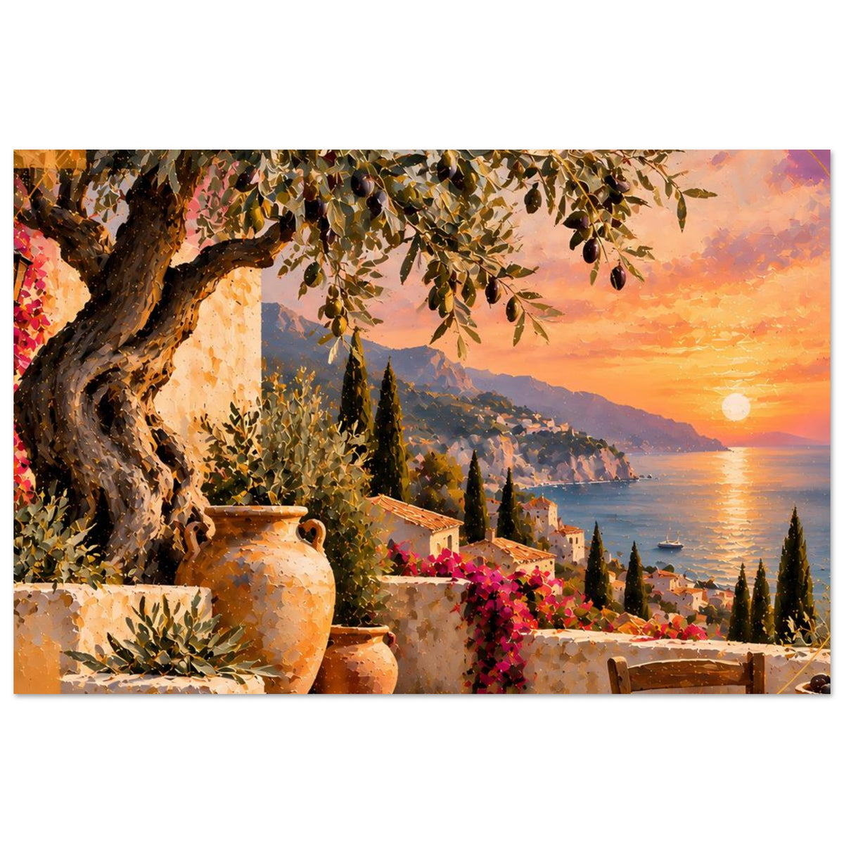 Breites Poster mit Sonnenuntergang über Küste, Olivenzweigen und mediterraner Terrasse