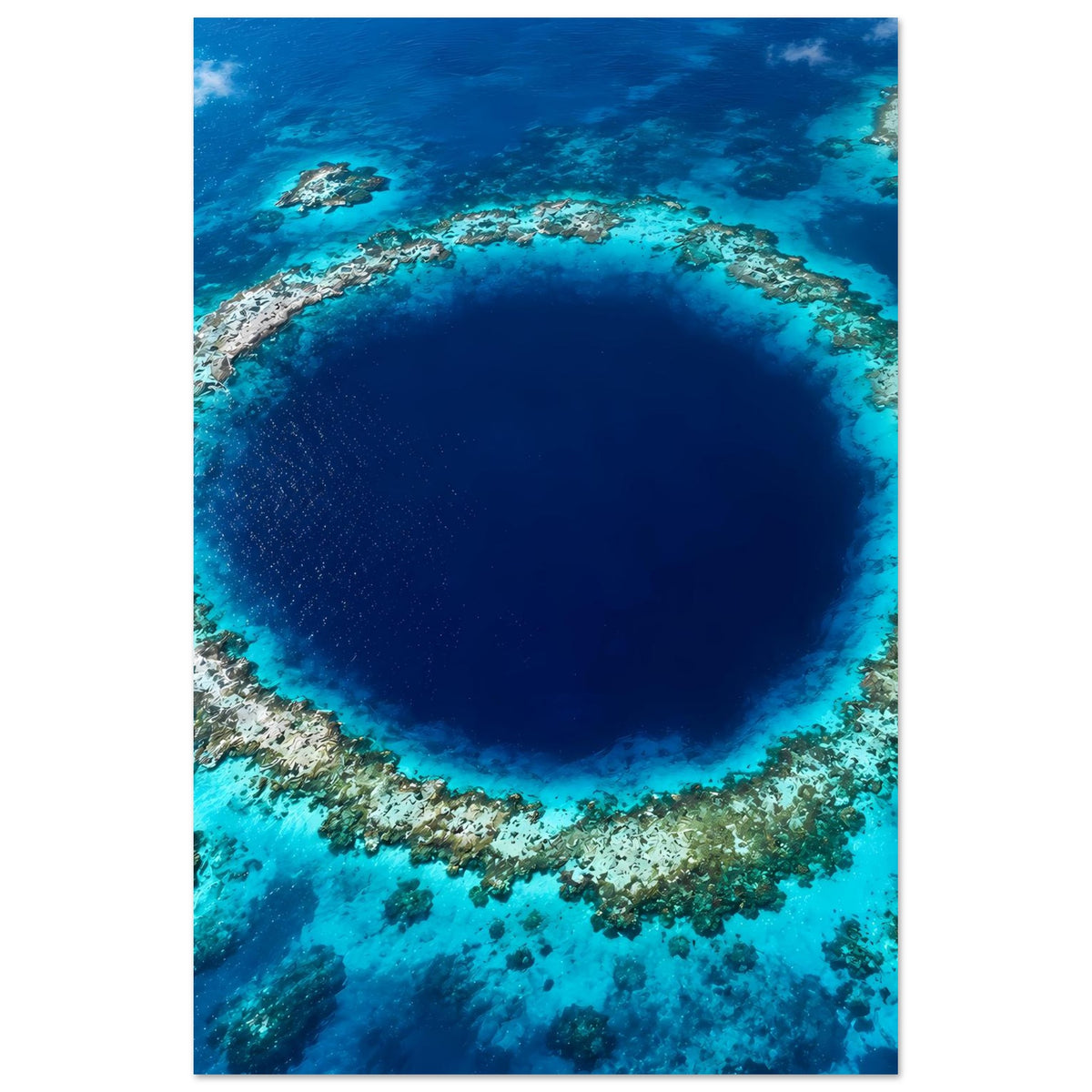 Poster mit Meerblick: dunkler blauer Kreis, eingefasst von Korallen und Sandflächen
