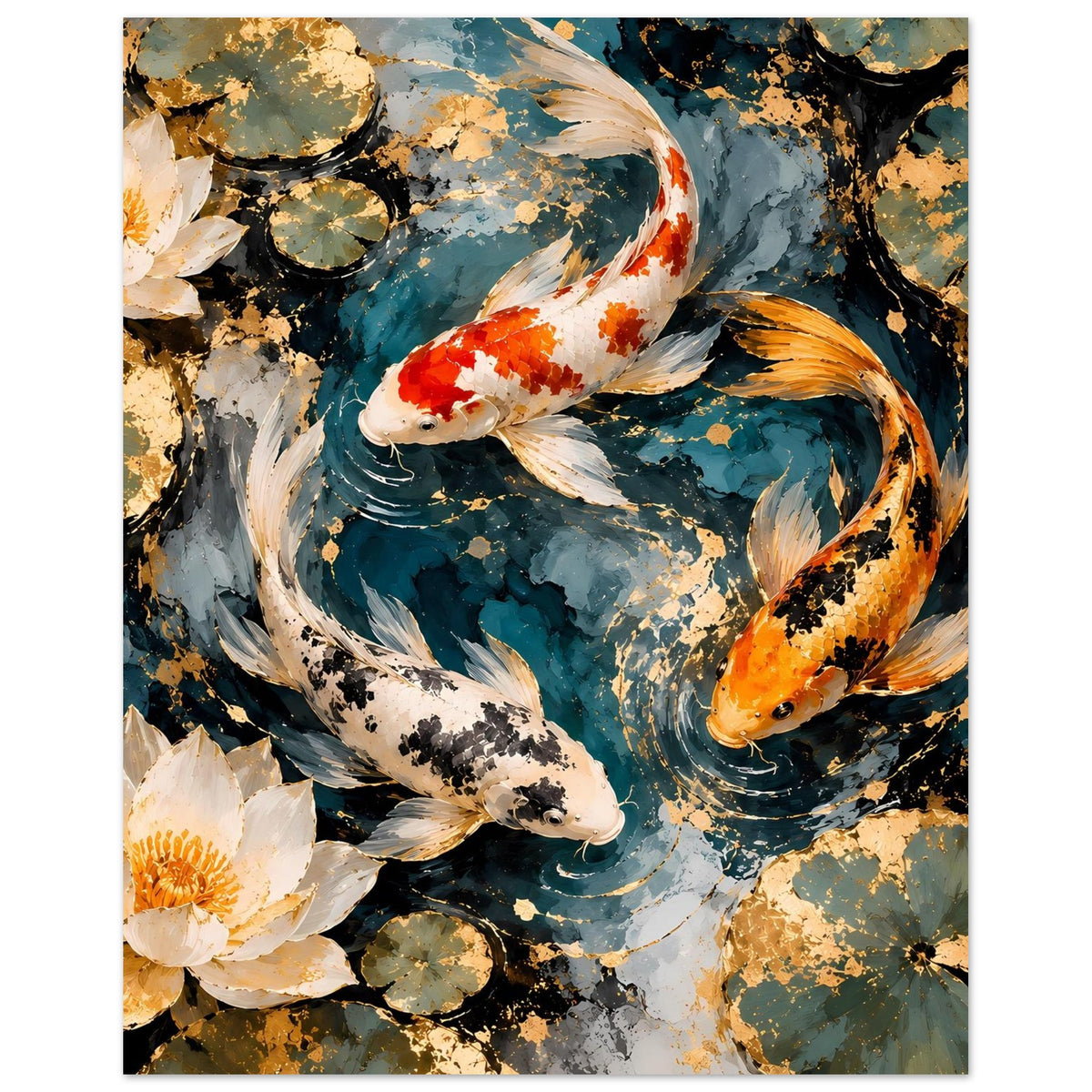 Koi-Pond-Kunstposter im Hochformat mit Koi-Schimmern und weißen Seerosen im Teich