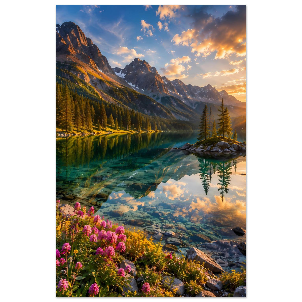 Vertikales Poster mit Bergsee-Sonnenuntergang, schneebedeckten Gipfeln und spiegelndem Wasser