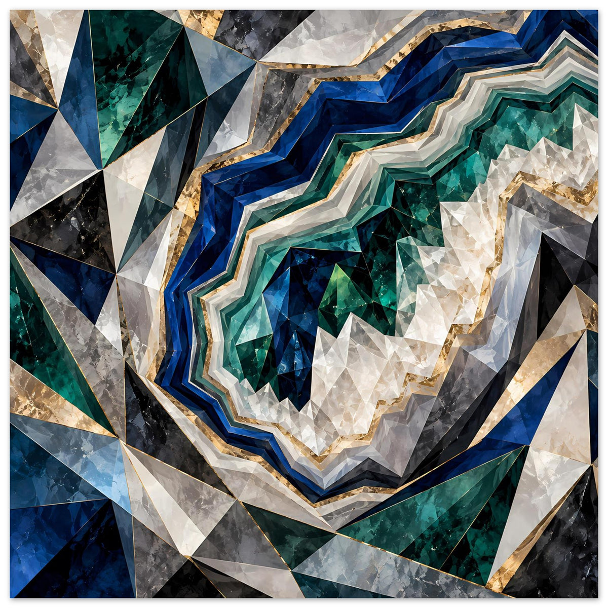 Abstraktes Poster mit großem geometrischem Kristallbogen in Blau, Grün und Gold