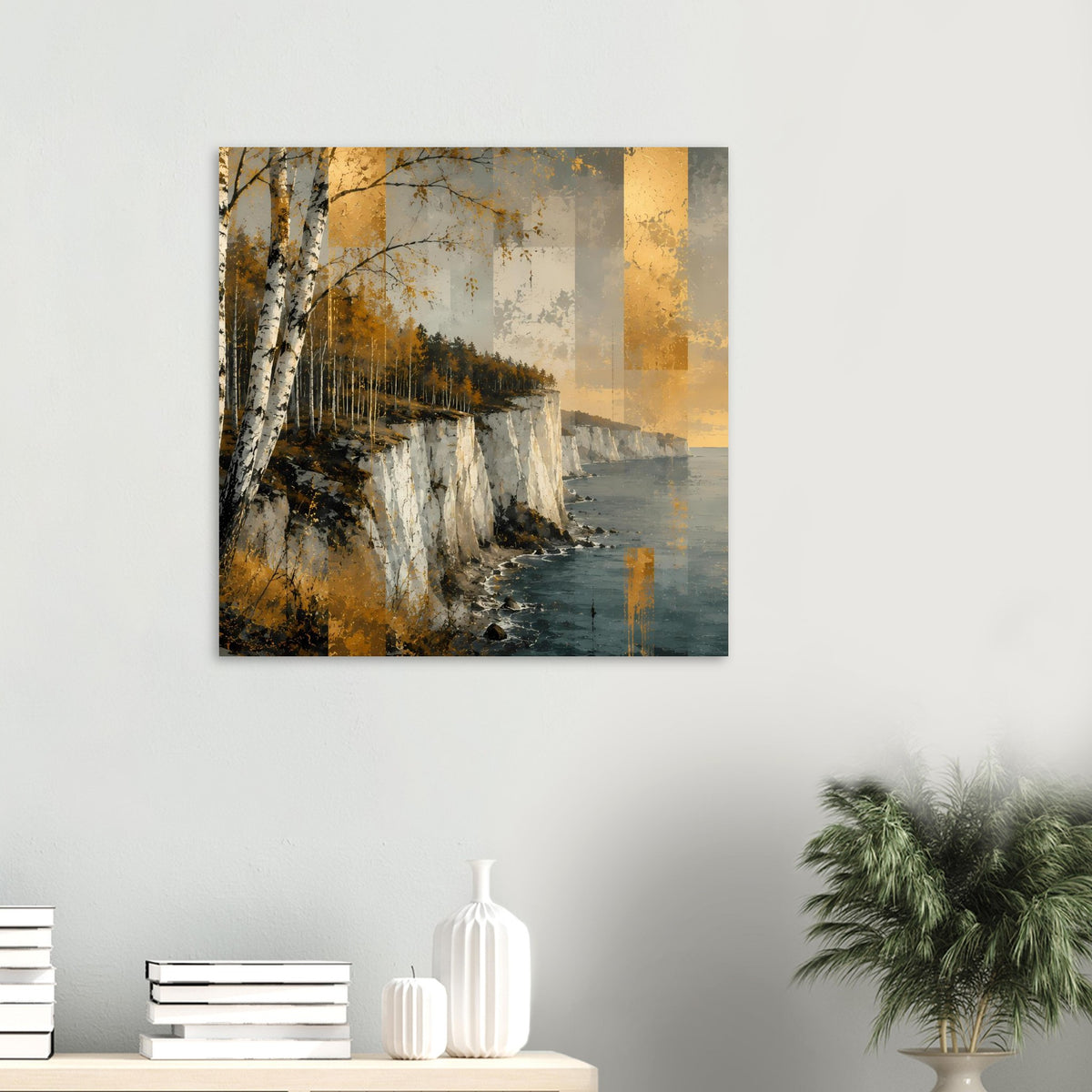 Poster mit Küste und Birken am Wasser, Herbstwald in Grün-Gold