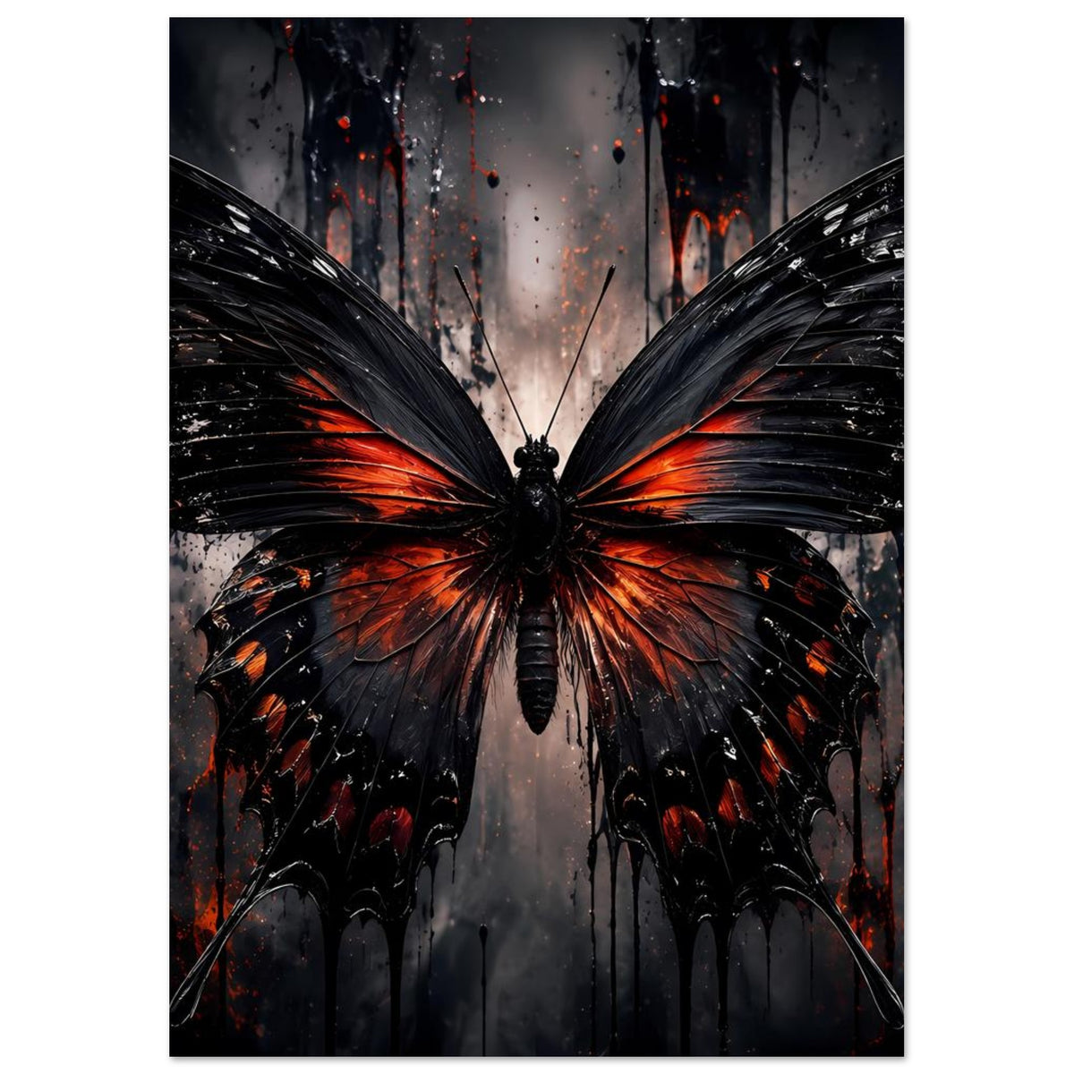 Schmetterlingsposter im Hochformat: schwarze Flügel mit orange-roten Akzenten und Tropfendekor