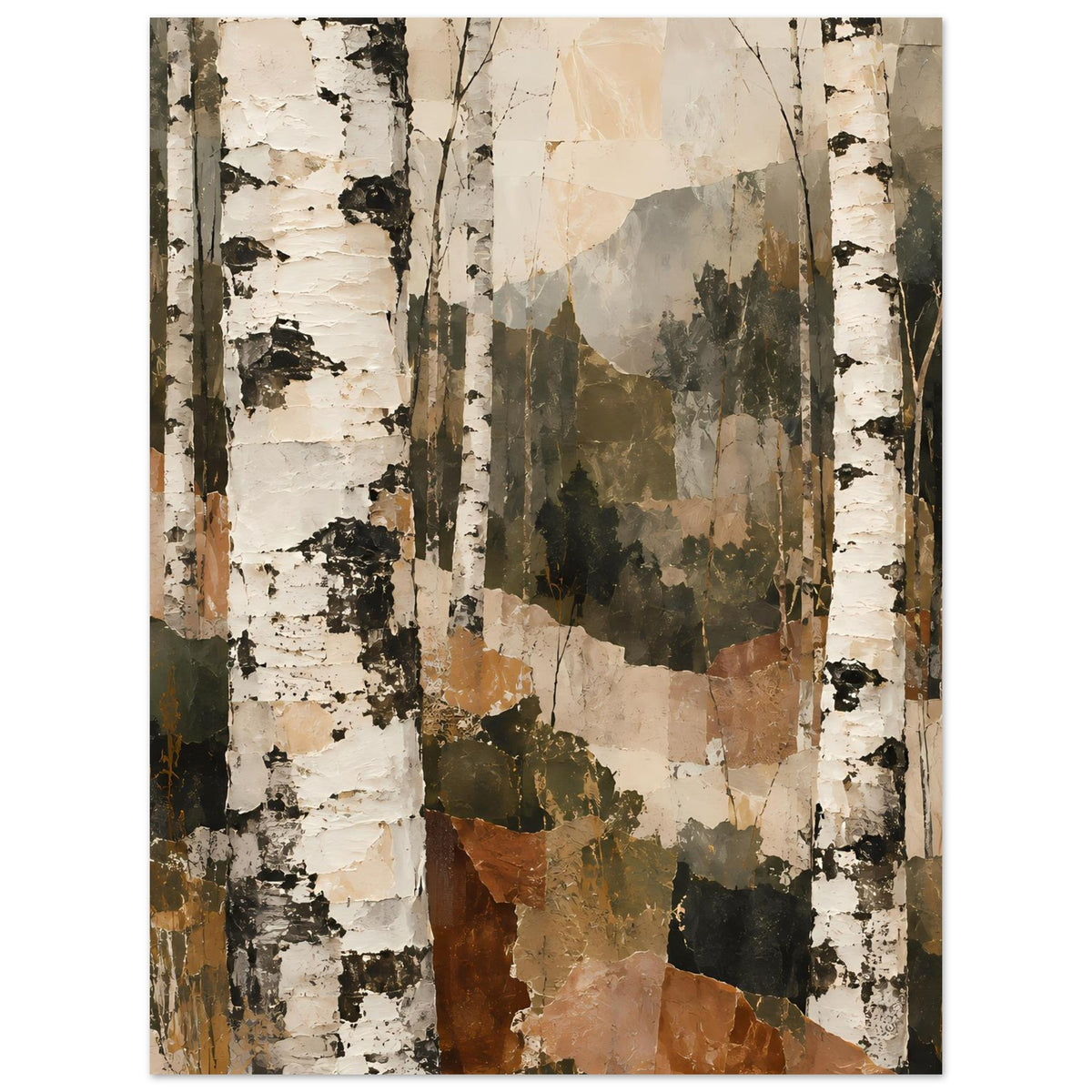Vertikales Wandposter Birkenwald-Motiv, Layering aus Grün-, Braun- und Beigetönen