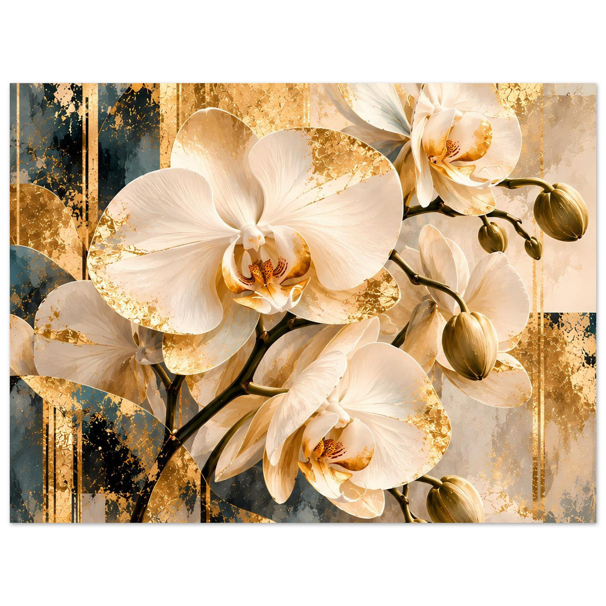 Orchideen-Poster mit weißen Blüten, goldene Partikel auf abstraktem Linienmuster