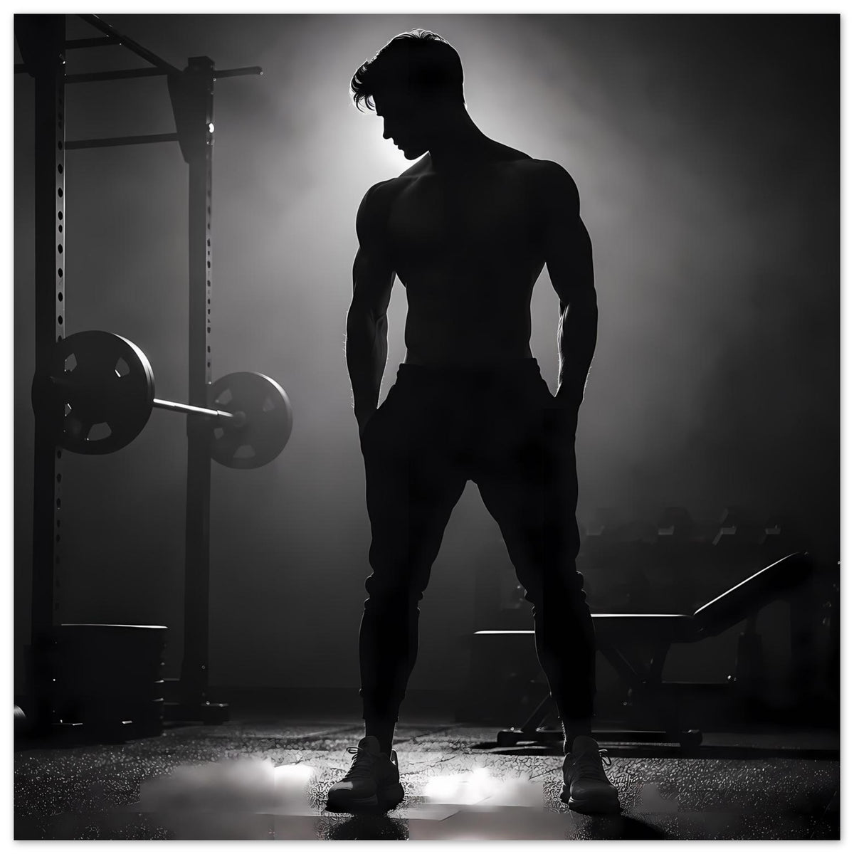 Fitness-Artprint, vertikales Motiv: seitliche Silhouette eines Trainierenden im Stand