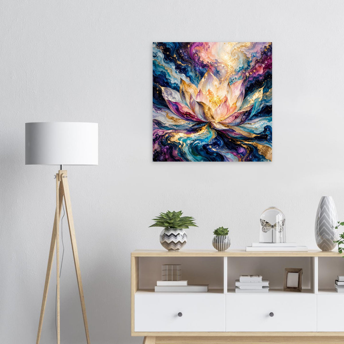 Quadratisches Blumenposter mit leuchtender Blüte, violetten und blauen Farbfeldern sowie Goldakzenten.