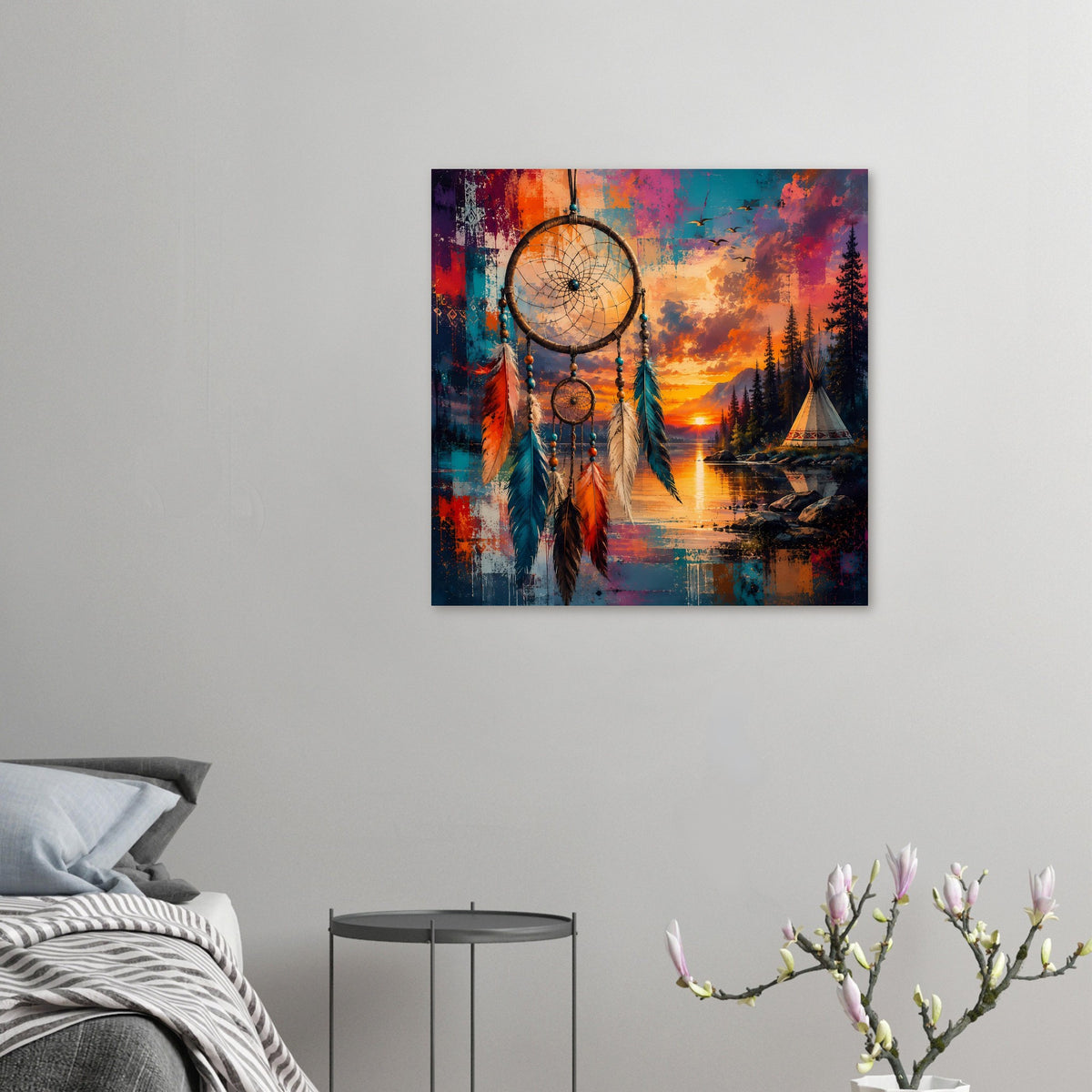 Kleines Boho-Poster mit Traumfänger am See und Sonnenuntergang