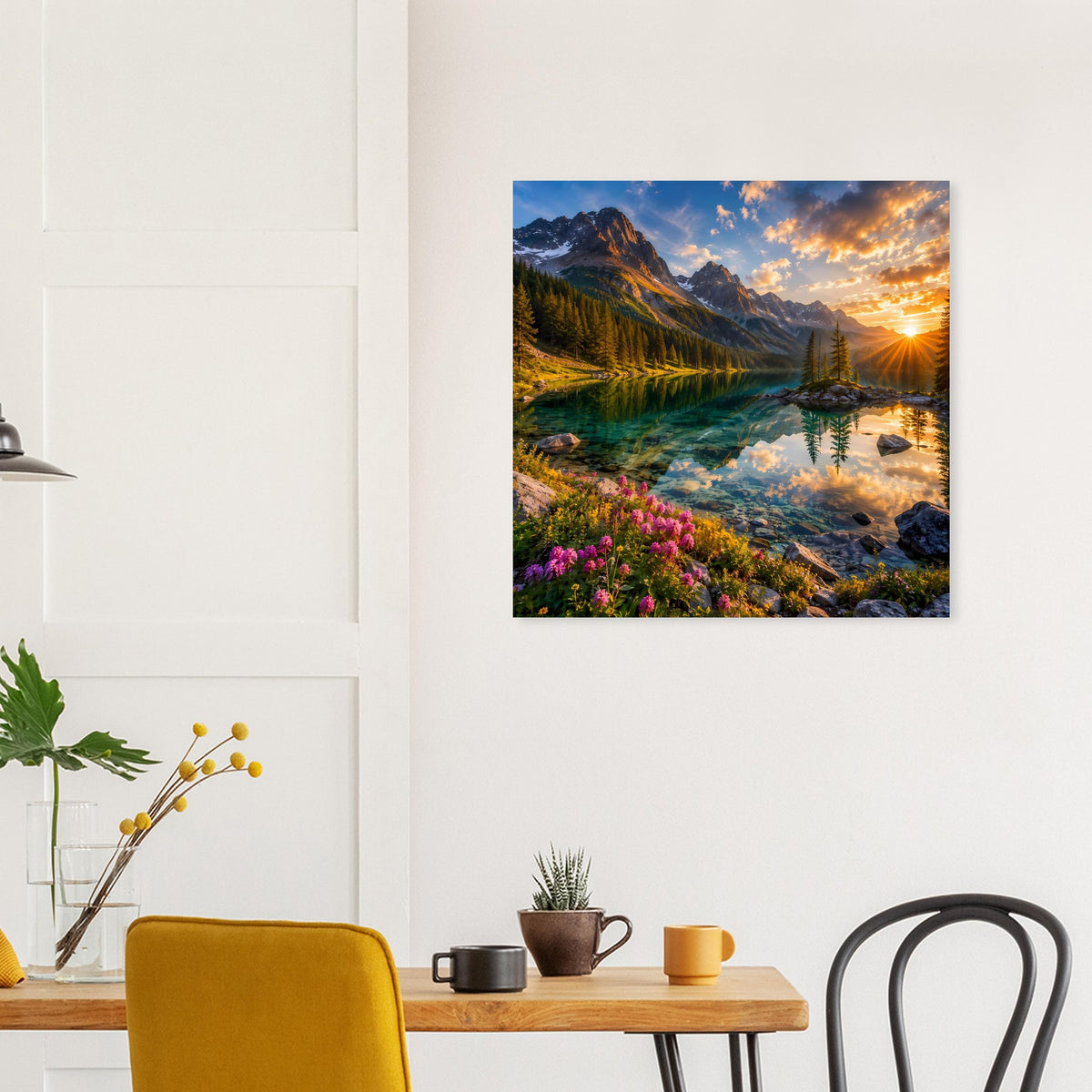 Quadratisches Poster mit Gebirge und Bergsee bei Sonnenuntergang, Blumen im Vordergrund