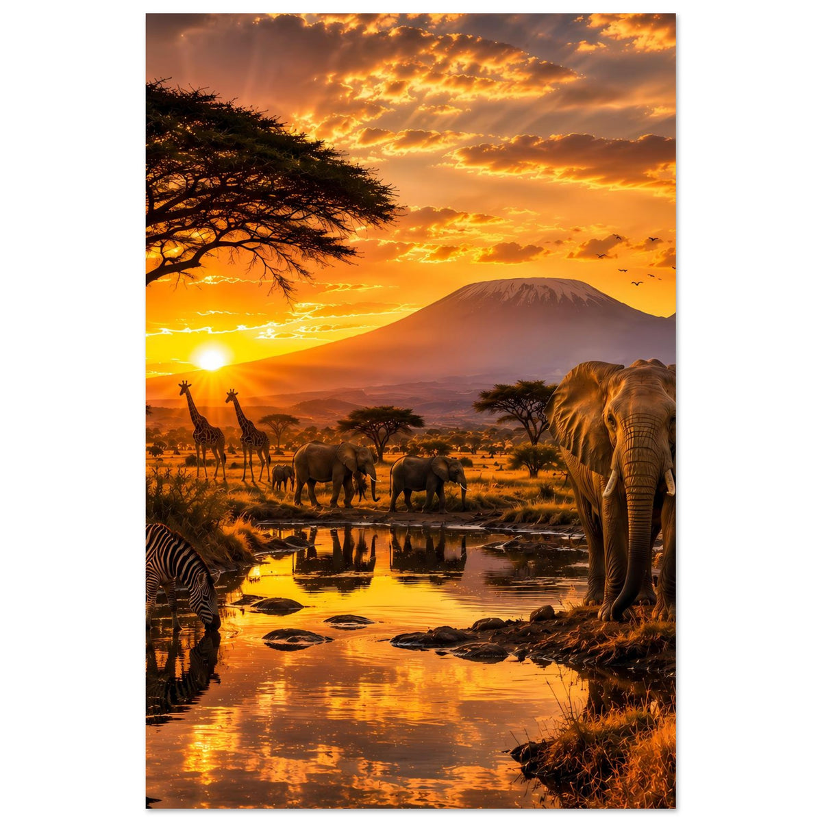 Afrikanisches Tierwelt-Poster: Elefant und Zebras am Wasser bei Sonnenuntergang (Hochformat)